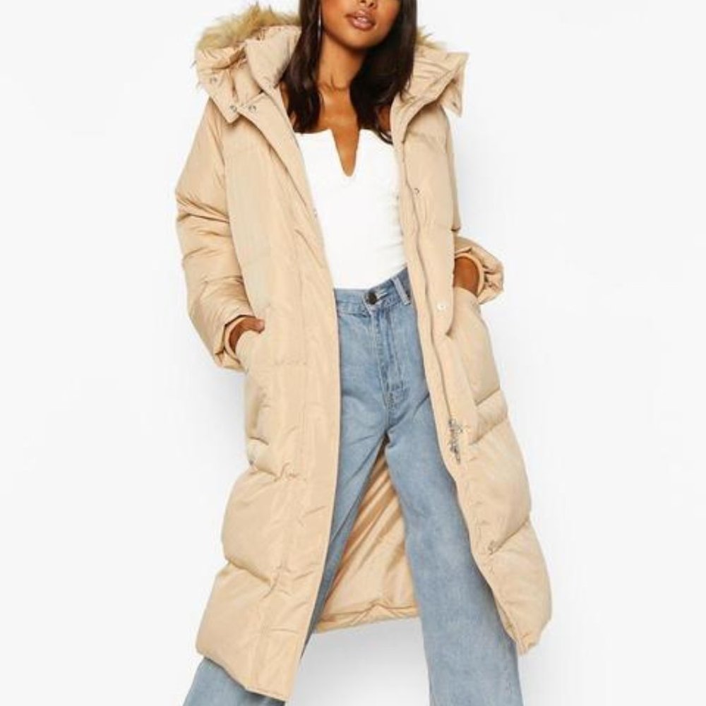Tall Faux Fur Hood Longline Padded Coat